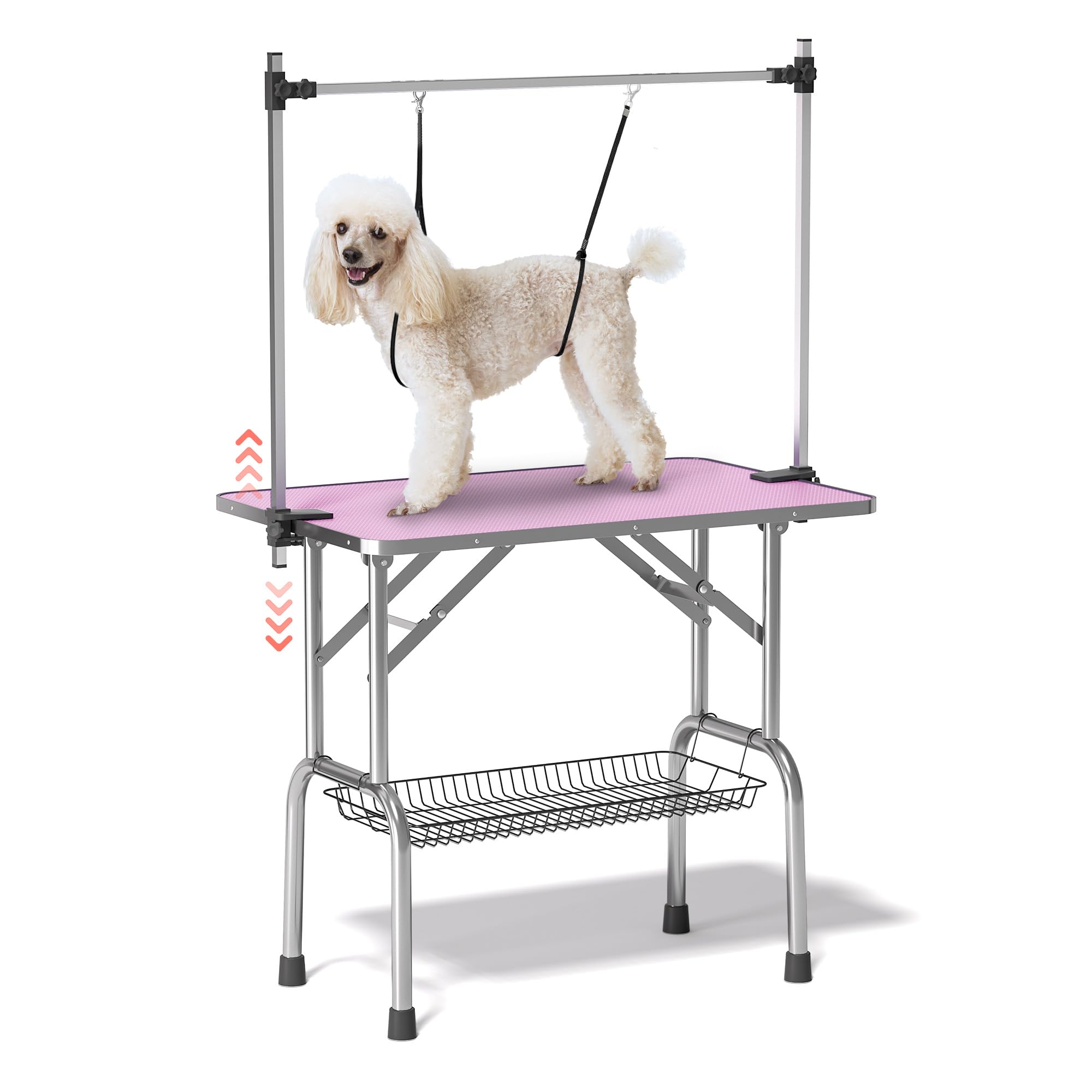 Dog Grooming Table, Adjustable Large Pet Drying Desktop, Foldable Bathing Desk with Arms, Noose, Mesh Tray, Maximum Capacity Up to 330Lb, 42in, Pink
