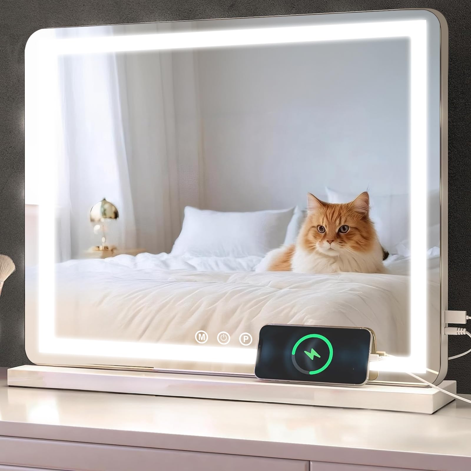 Espejo de Maquillaje con iluminación, Espejo de Hollywood con luz LED, Regulable, Espejo cosmético, 3 Modos, 50 x 40 cm, Espejo de Mesa con USB 10 aumentos, para Dormitorio y tocador
