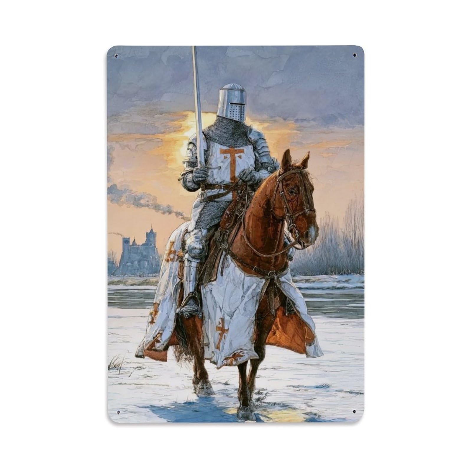 Medieval Knight Temple Christian Crusader Armor Aesthetic Metal Tin Sign Plaque Wall Decor for Cafe, Man Cave, Club Bar, Office, Home Garden Round Metal Poster 8x12Inch