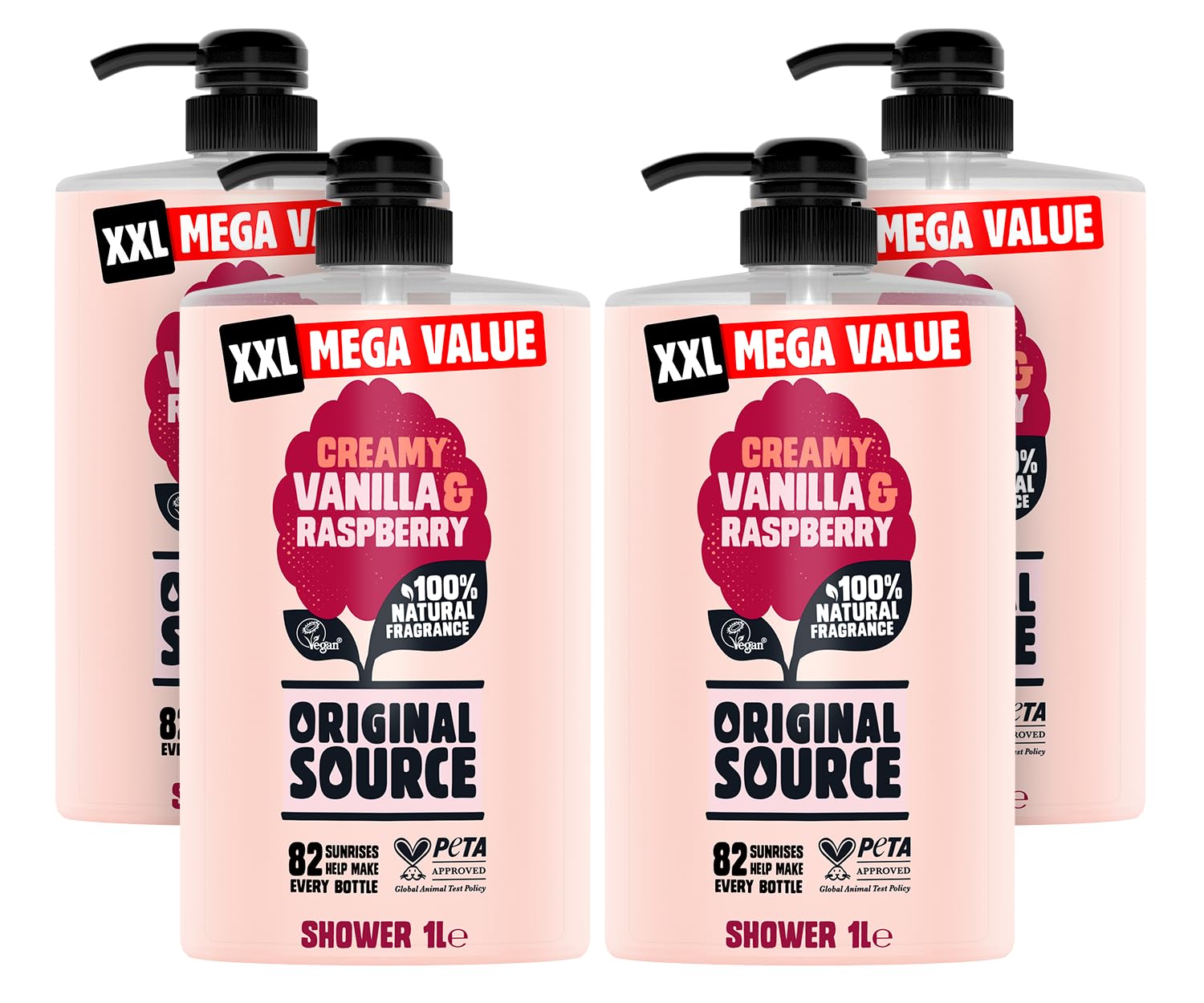 Original Source Vanilla & Raspberry Shower Gel with 100% Natural Fragrance, Vegan Paraben Free Body Shower Wash