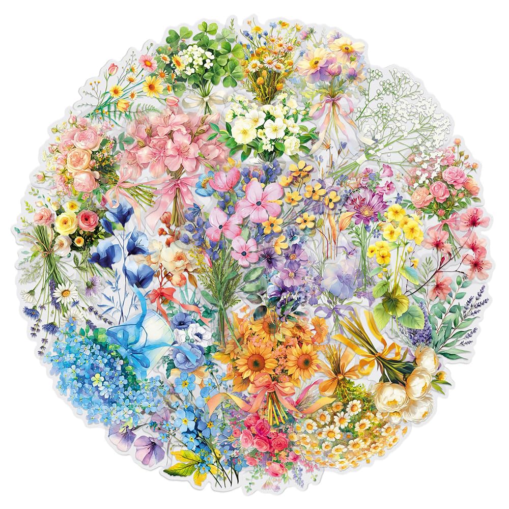 Soft Flowers Bouquet Polyester Stickers, 50 PCS Waterproof Watercolor Floral Decals for Laptops, Scrapbooking, Journals, Notebooks, Water Bottles, Suitcases, Phones & DIY Decor — image 1