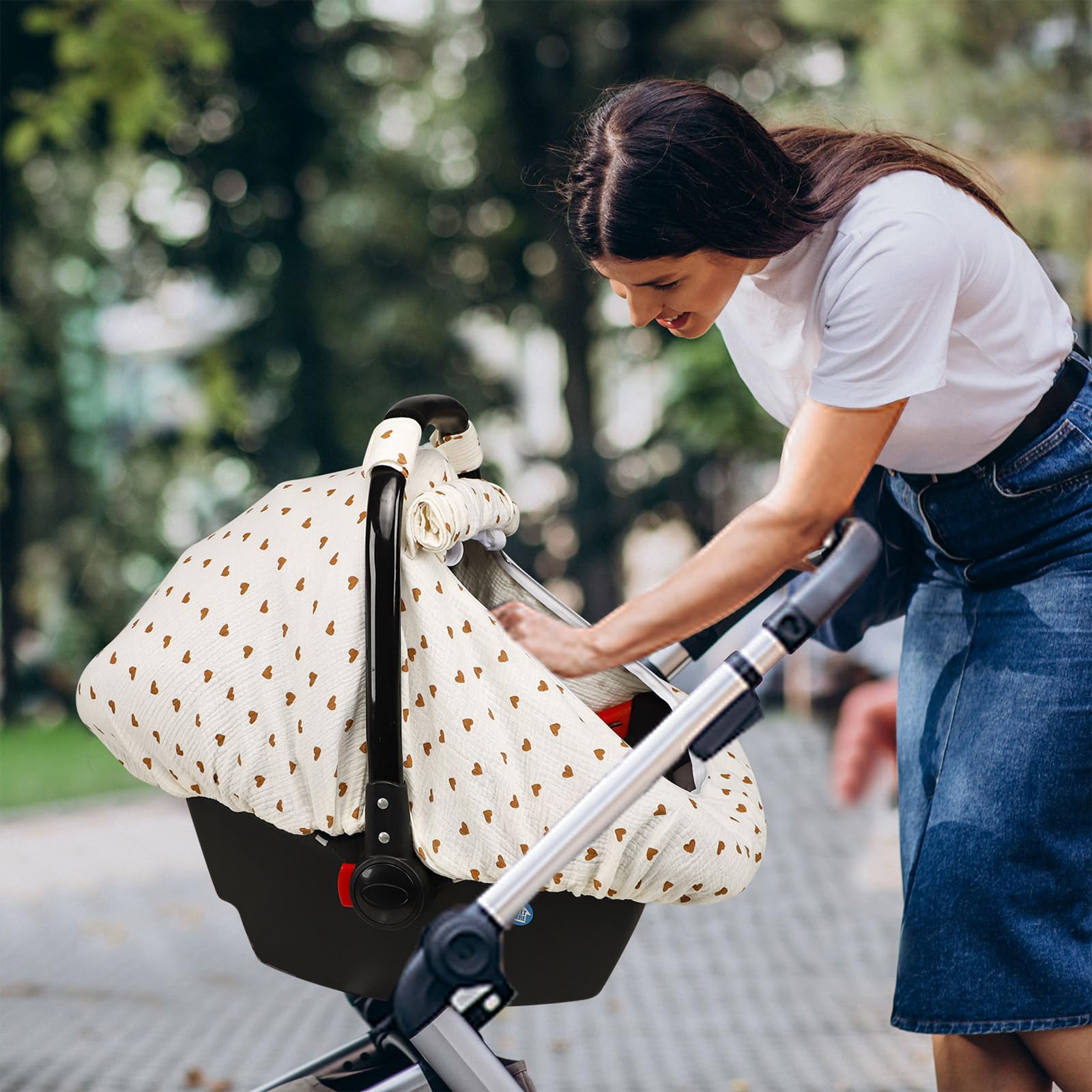 Hooyax Musselin Autositzbezug Baby, atmungsaktiver Baby-Autositzbezug für Jungen und Mädchen, leicht, universelle Passform, Babyautositzbezug, Baldachin, kleines Herz