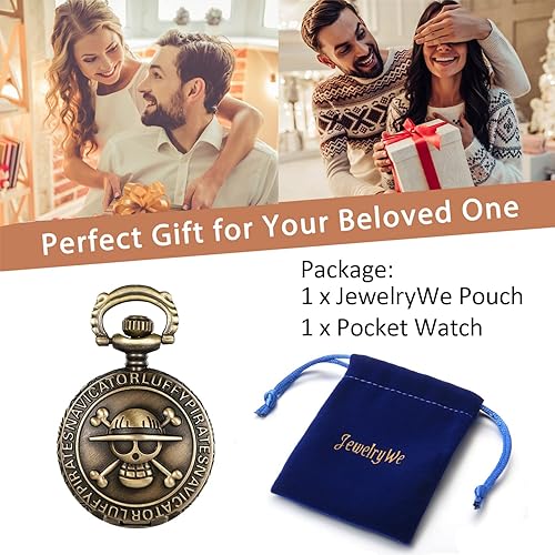 Miniatura 5 de JewelryWe Reloj de bolsillo de cuarzo de una pieza con diseño de calavera de anime de bronce antiguo con cadena de 31.5 pulgadas para el día de San