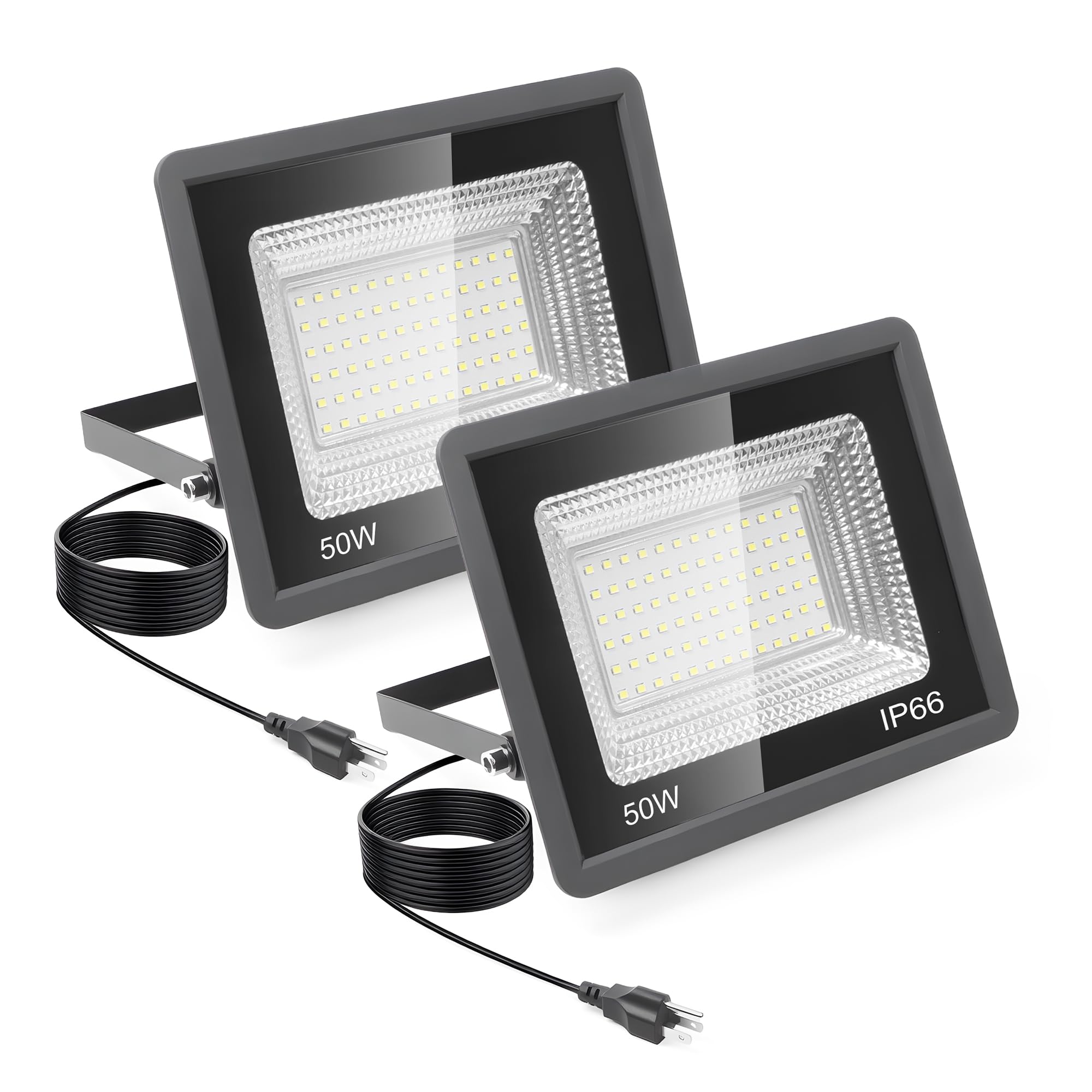 50W LED Flood Light, 5500LM Super Bright 6500K Daylight Outdoor Security Light with Plug, IP66 Waterproof for Yard, Garden, Court &amp; Arena (50W-2Pack)