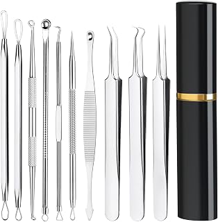 Baxrou 10-Pc Professional Pimple Popper Kit - Blackhead Remover Tools for Acne, Zits, Comedones on Face & Nose with Metal Case