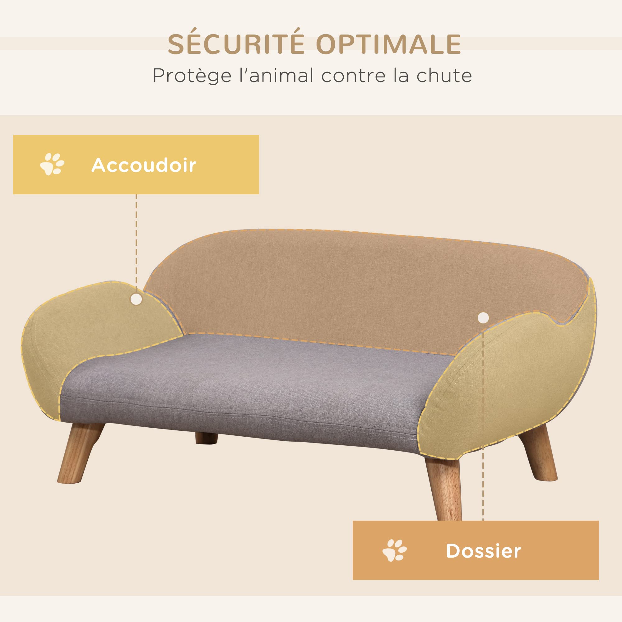 PawHut Canapé pour Chien canapé pour Animal de Compagnie Style scandinave Pieds effilés en Bois revêtement Tissu 72 x 44 x 31 cm - Gris