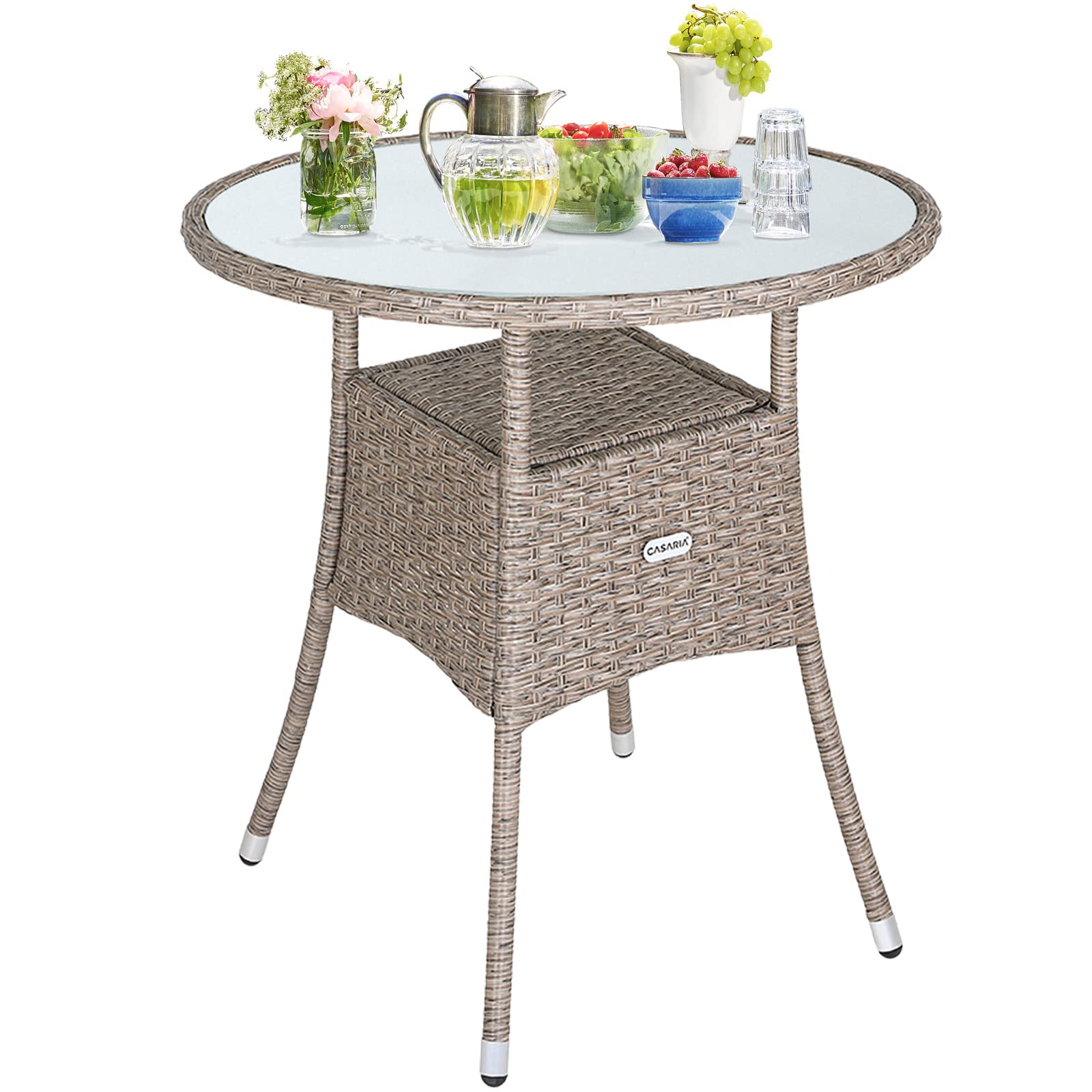 Casaria Tavolo Rotondo da Giardino Polyrattan Ø60 Piano in Vetro 5mm Altezza Regolabile