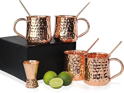 Eunoia Moscow Mule - Tazas de cobre (juego de 4) con pajitas a juego y vasos de chupito 100% puro, real y sólido estilo martillado, auténticos