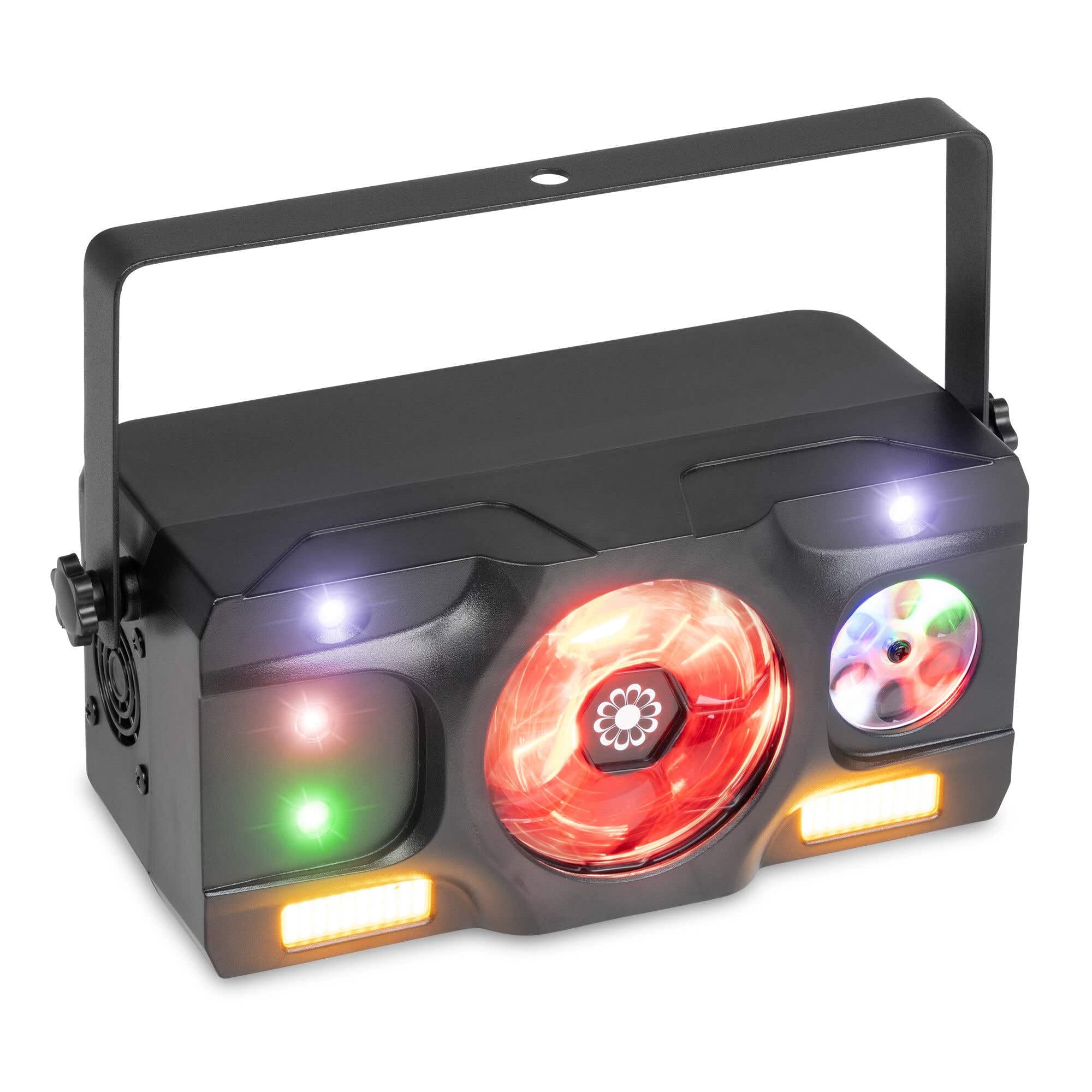 Fuzzix Stellar2 Jeu de Lumière LED Triple Effet, Derby RGBW, Gobo Rotatif & Stroboscope, Télécommande Incluse, Modes Auto & Musical, Éclairage DJ, Bars, Clubs et Événements Festifs