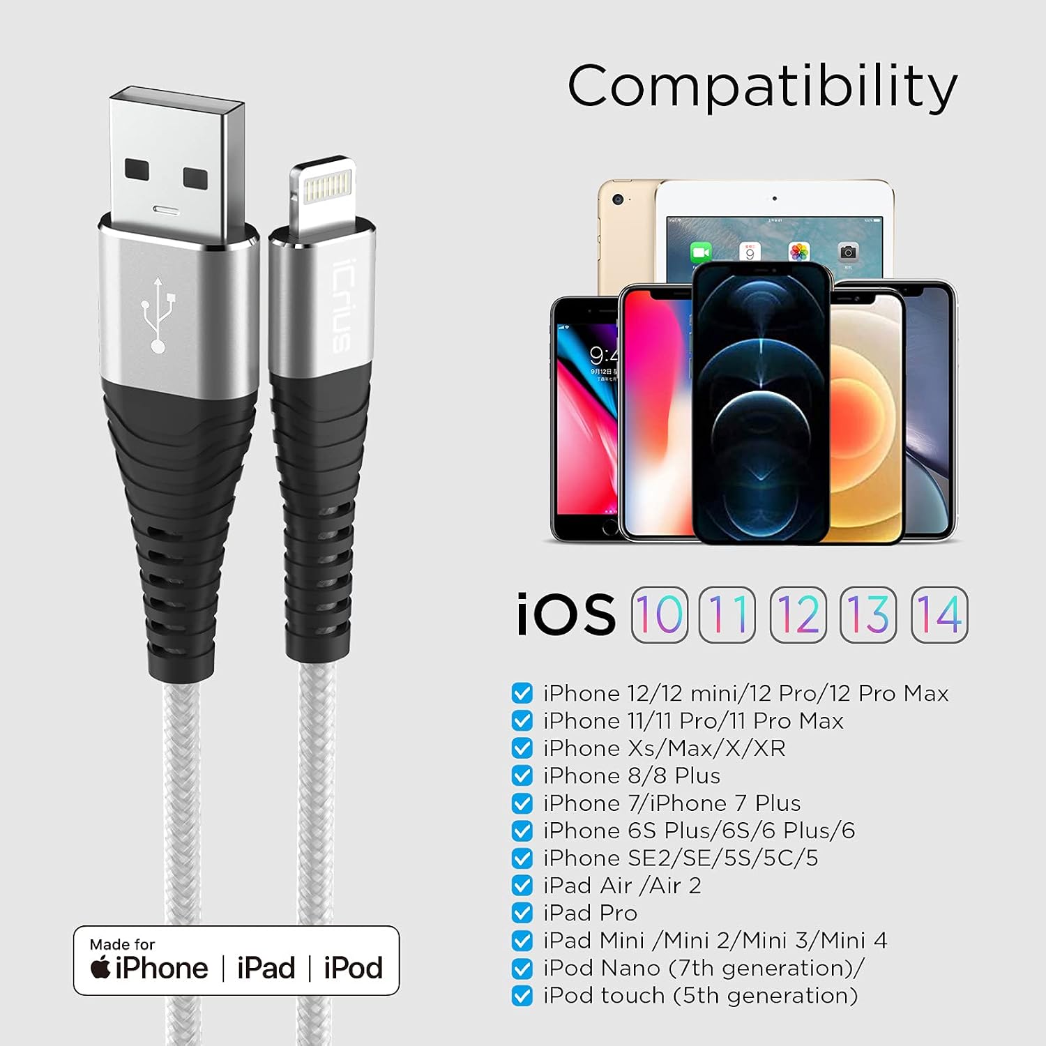 iCrius iPhone Charger, 3Pack 10FT MFi Certified Lightning Cable Nylon Braided High Speed USB Charging Cord Compatible with iPhone 12/Max/11Pro/11/XS/Max/XR/X/8/8P/7 and More (10FT, Silver)