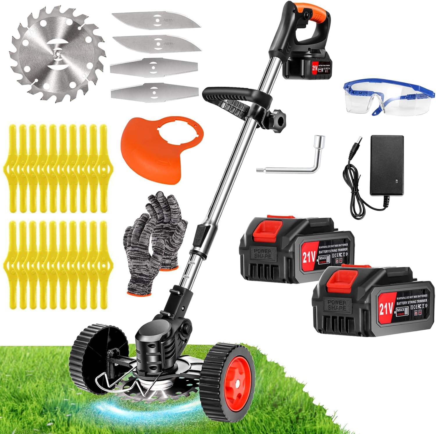 Cordless Strimmer, Adjustable Grass Trimmer Telescopic Lightweight Brush Cutter with 2 Batteries and 4 Blade Types of Garden Strimmer, Grass Cutter for Yard, Garden, Sidewalk Edges