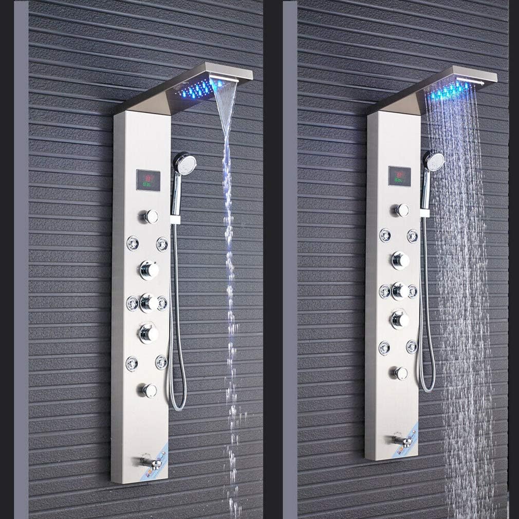 FUZ Contemporary Shower Panel Tower System Stainless Steel 6-Function Faucet LED Rainfall Waterfall Shower Head + Handheld Sprayer + Rain Massage Body Jets + Tub Spout,Brushed Nickel… - - 