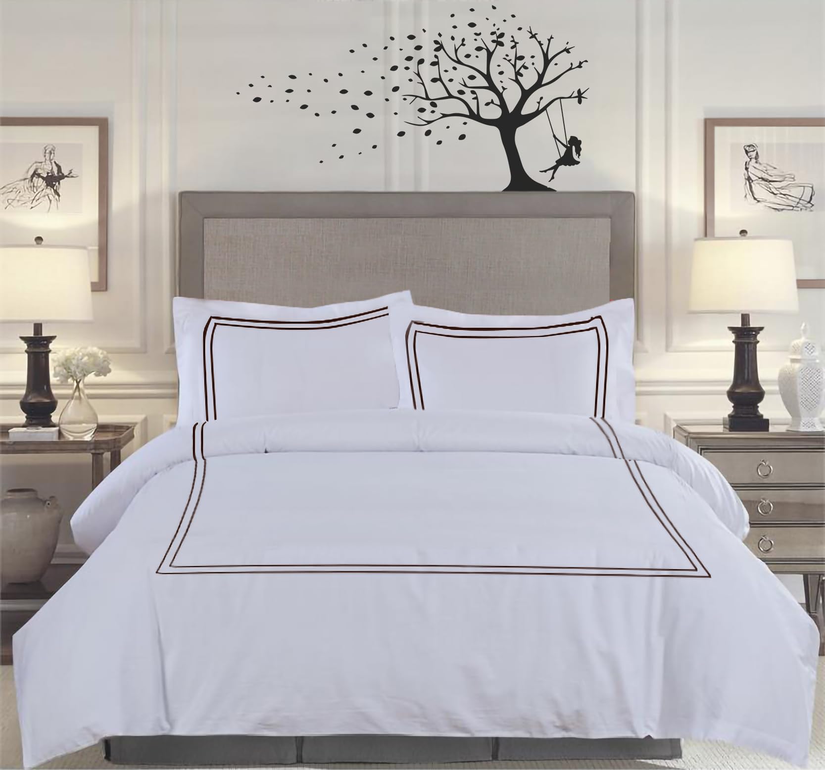 BedDecor Luxury 400-TC Egyptian Cotton 3PC Embroidered Duvet Cover Set with Beautiful 2-Stripe Embroidery(Chocolate, King/California King)