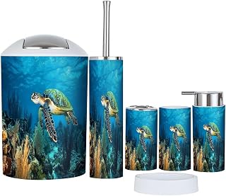 Bathroom Accessories Set 6 Pcs Sea Turtle sea Toothbrush Holder Cup Soap Dispenser Soap Dish Toilet Brush Holder Trash Can for Countertop Decor