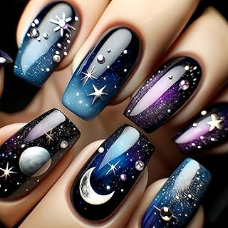 Press On Nails Medium Square Fake Nails 24 Pcs, Starlit Sky Black, Full Cover Stick On Nails, Artistic Embossed Designs Moon Stars, Easy To Apply, Comfortable Fit, Affordable