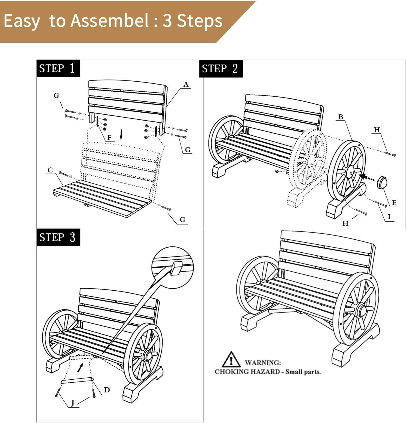 PatioFestival Outdoor Bench Wooden Patio Porch Bench Wagon Wheel Design Rustic Bench for Garden,Porch,Yard(45" Lx21 Wx32 H)