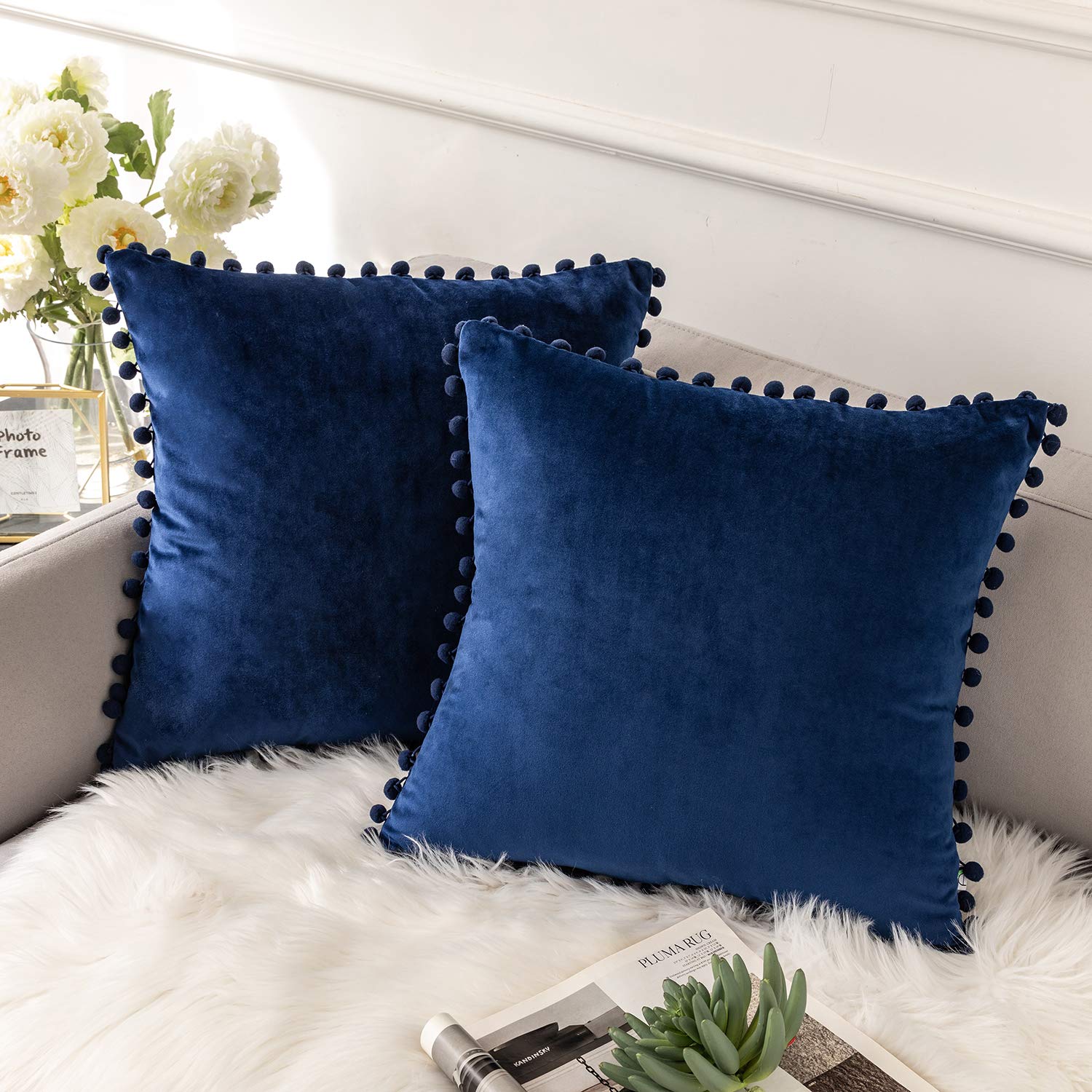 Ashler Throw Pillow Cases with Soft Pom Poms Velvet Plush Vibrant Elegant Cushion Covers, Pack of 2, Dark Blue 20 x 20 inches 50 x 50 cm