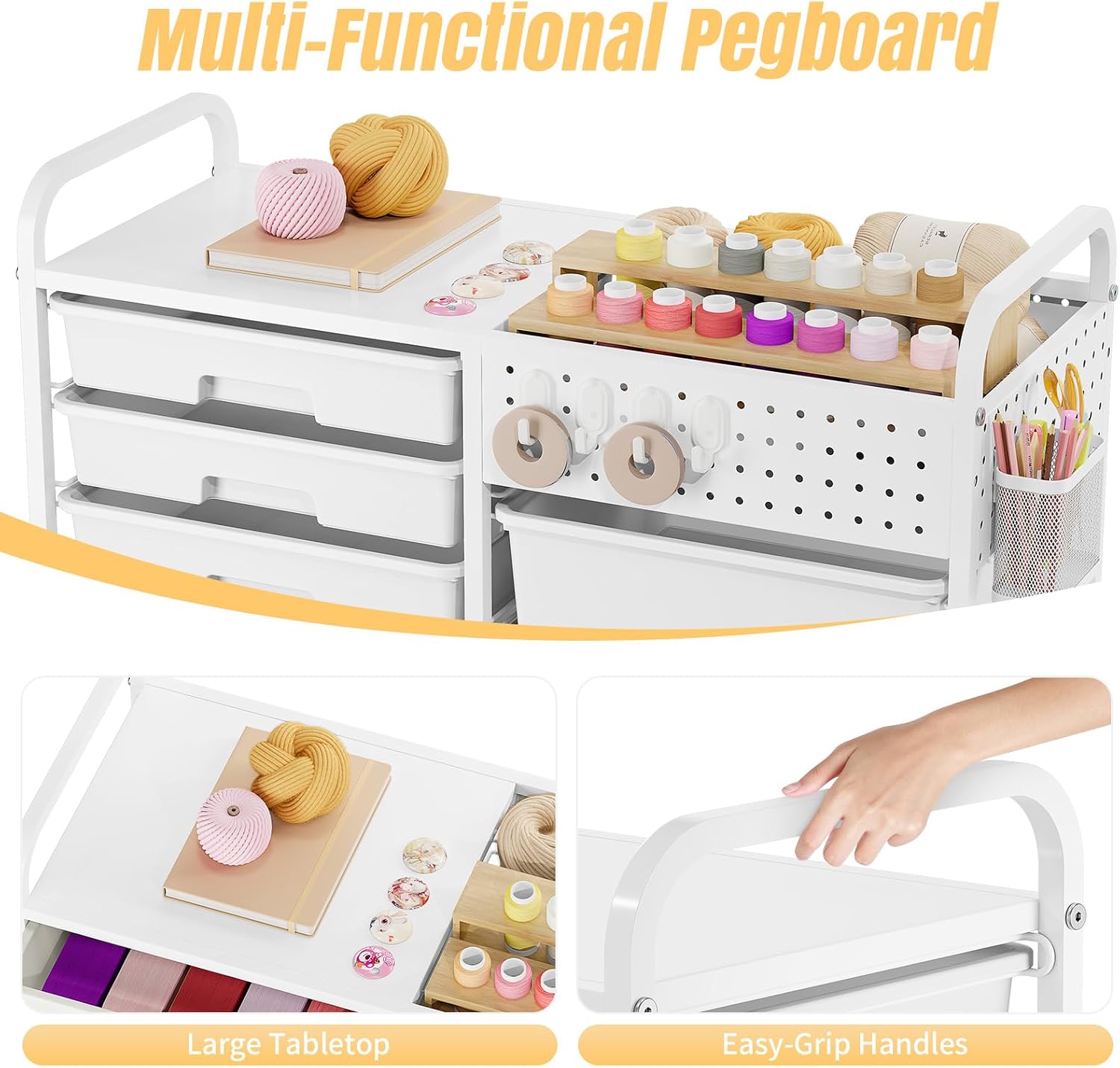 14 Drawer Rolling Storage Cart with Tabletop and Pegboard for Crafts White | Easy Setup, Large Capacity, Sturdy Build, Smooth Mobility, For classroom, office and dorm supplies thumbnail