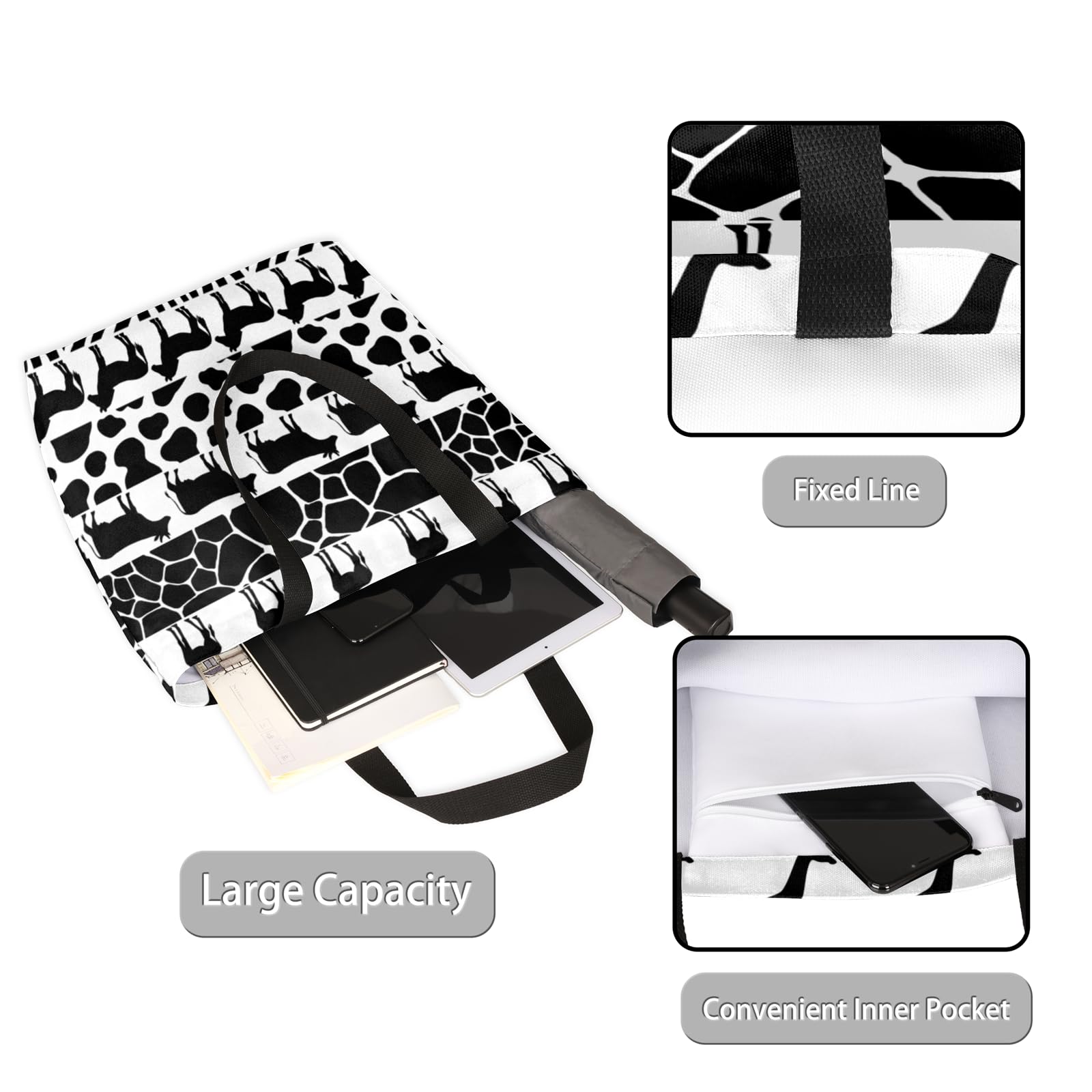 Mularoka Giraffe Cow Horse Silhouette Print Large Capacity Canvas Tote Bag Stylish Handheld Shoulder Bag Reusable Shopping Bag for Work Travel Beach Trips Shopping