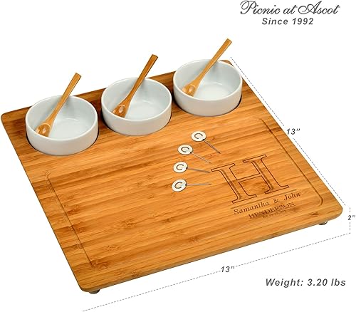 Miniatura 2 de Tabla de cortar de quesoembutidos de bambú grabada personalizada, incluye 3 cuencos de cerámica con cucharas de bambú, marcadores de queso, diseñada
