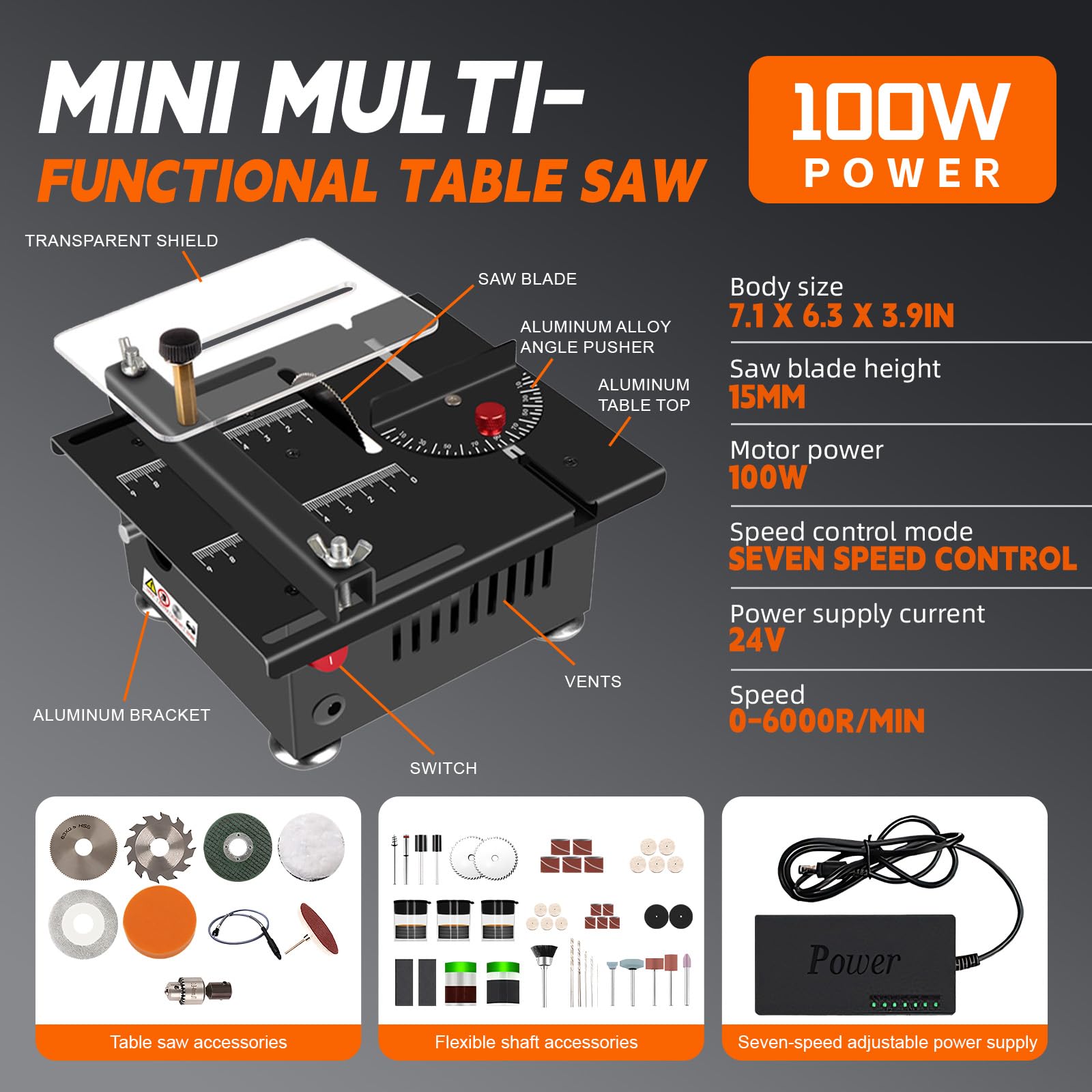 Mini-Tischsäge für Handwerker, Tragbare Mini Tischkreissäge, 100W Power Multifunktions-Tischsäge, 7-Gang einstellbar, 0-90° Schneiden, für DIY, Holz, Acryl und PCB schneiden