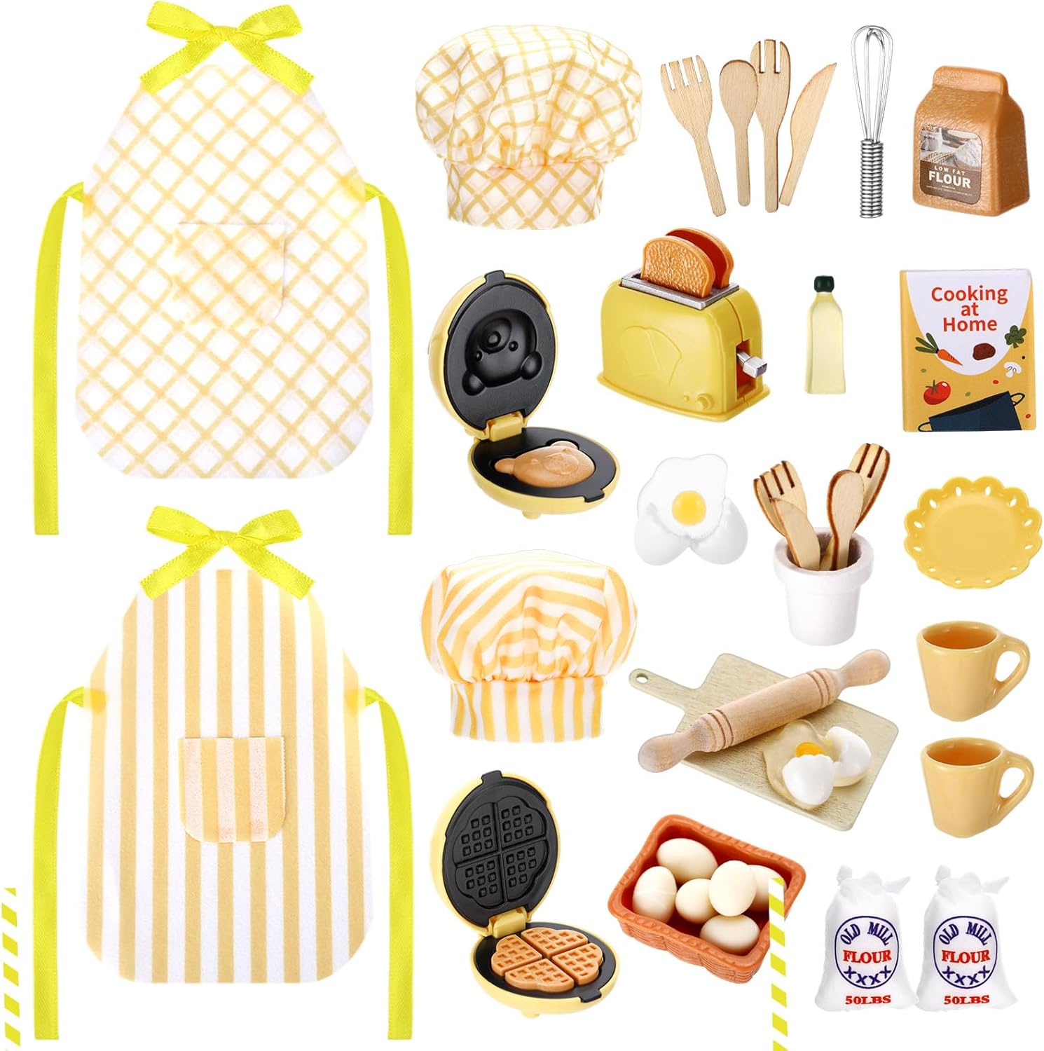20 Pcs Christmas Elf Outfits for Kids Xmas Kitchen Cooking Clothes Accessories Include Mini Baking Props Set Baker Tools Outfit for Boys, Girls, Dollhouse, Xmas Clothes and Gift(Yellow)