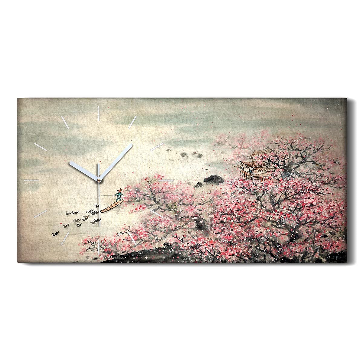 Horloge sur toile 60x30cm fleurs d'arbres asiatiques et canard avec mains blanches silencieuse
