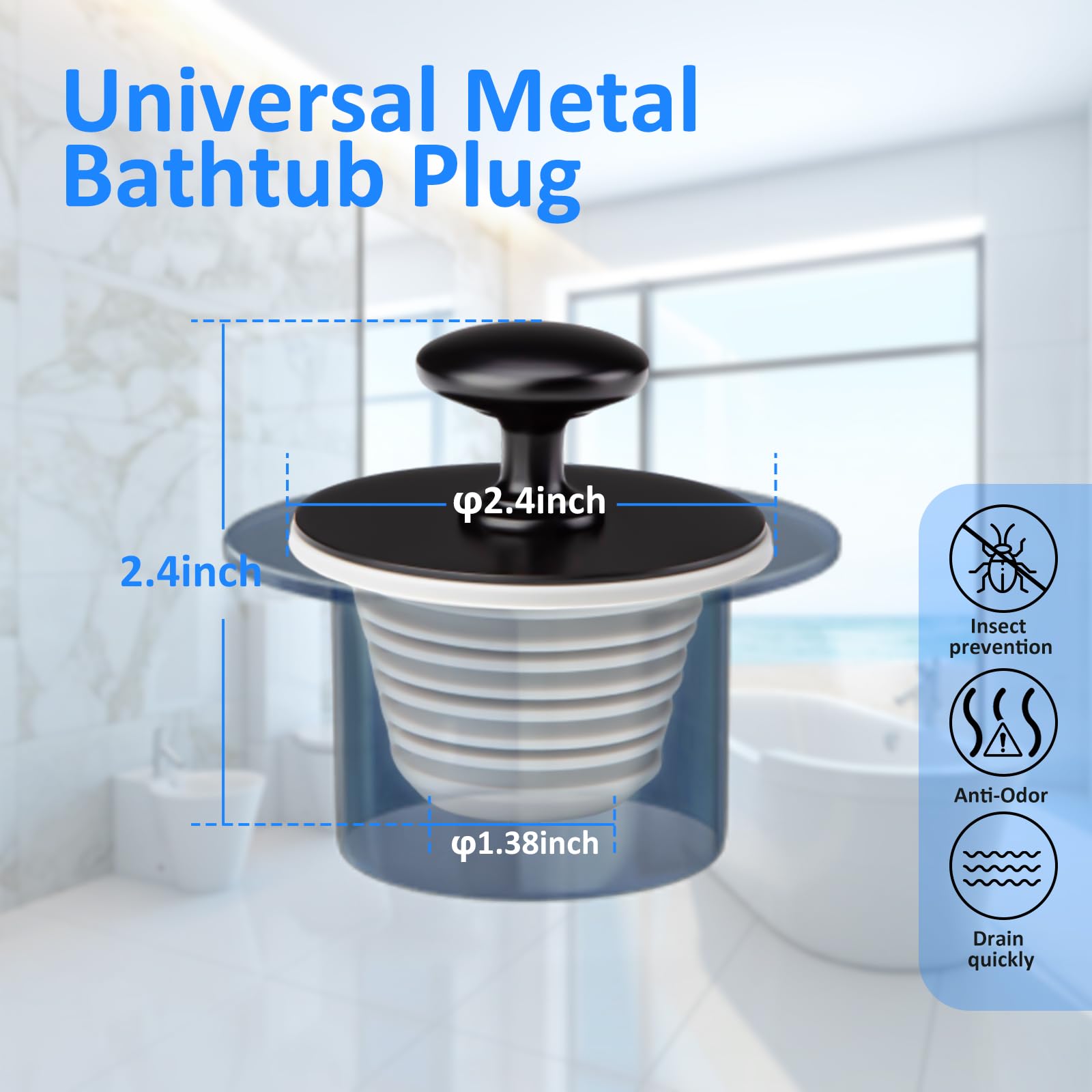 Universal Bathtub Drain Stopper, Bathtub Drain Replacement Accessories, Rubber Drain Stopper for Bathtubs and Bathroom Sinks (Black)