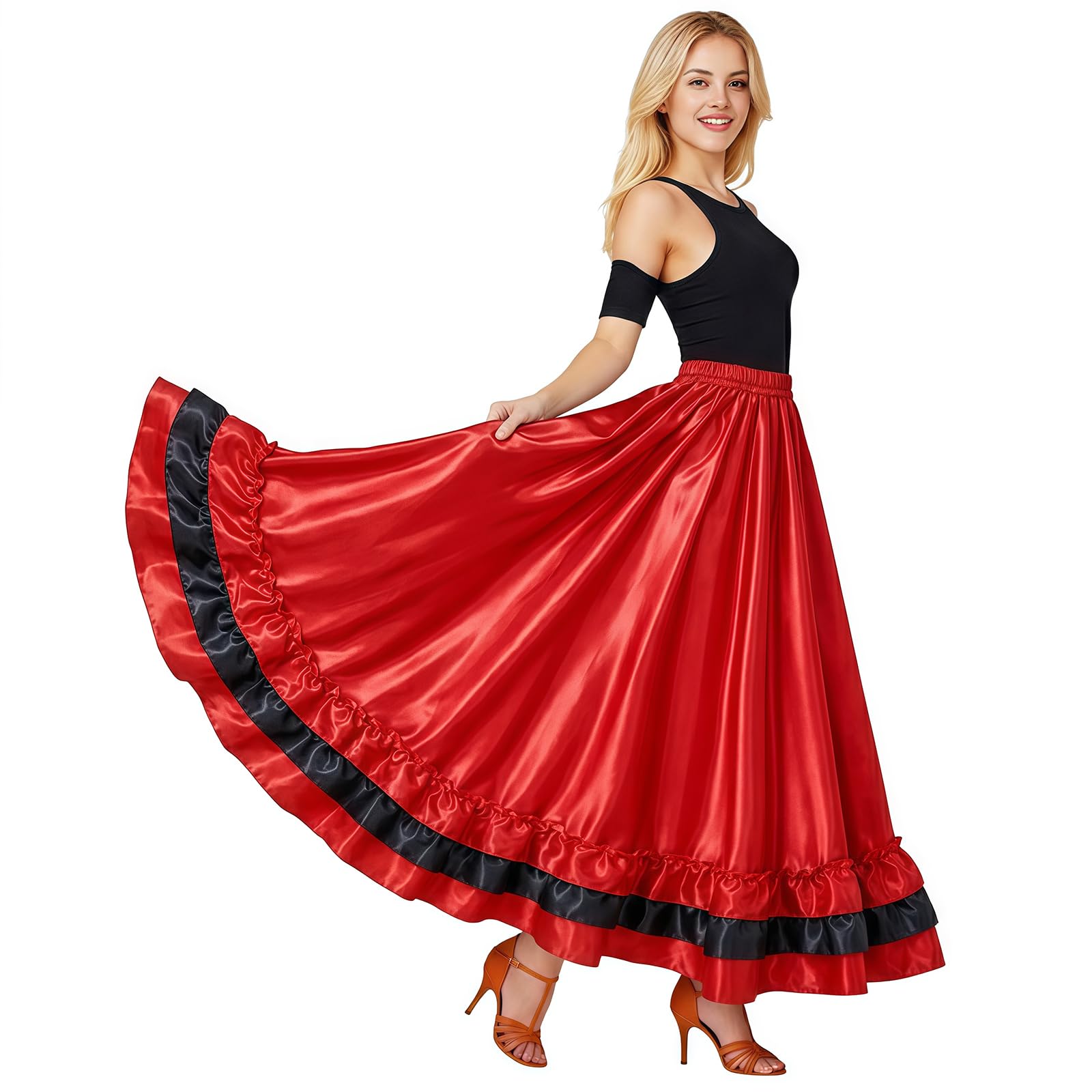 Baisdan Jupe Danse Orientale en Satin pour Femme, Jupe Flamenco Multicouches avec Volants, Idéale pour Danse du Ventre et Spectacles Orientale
