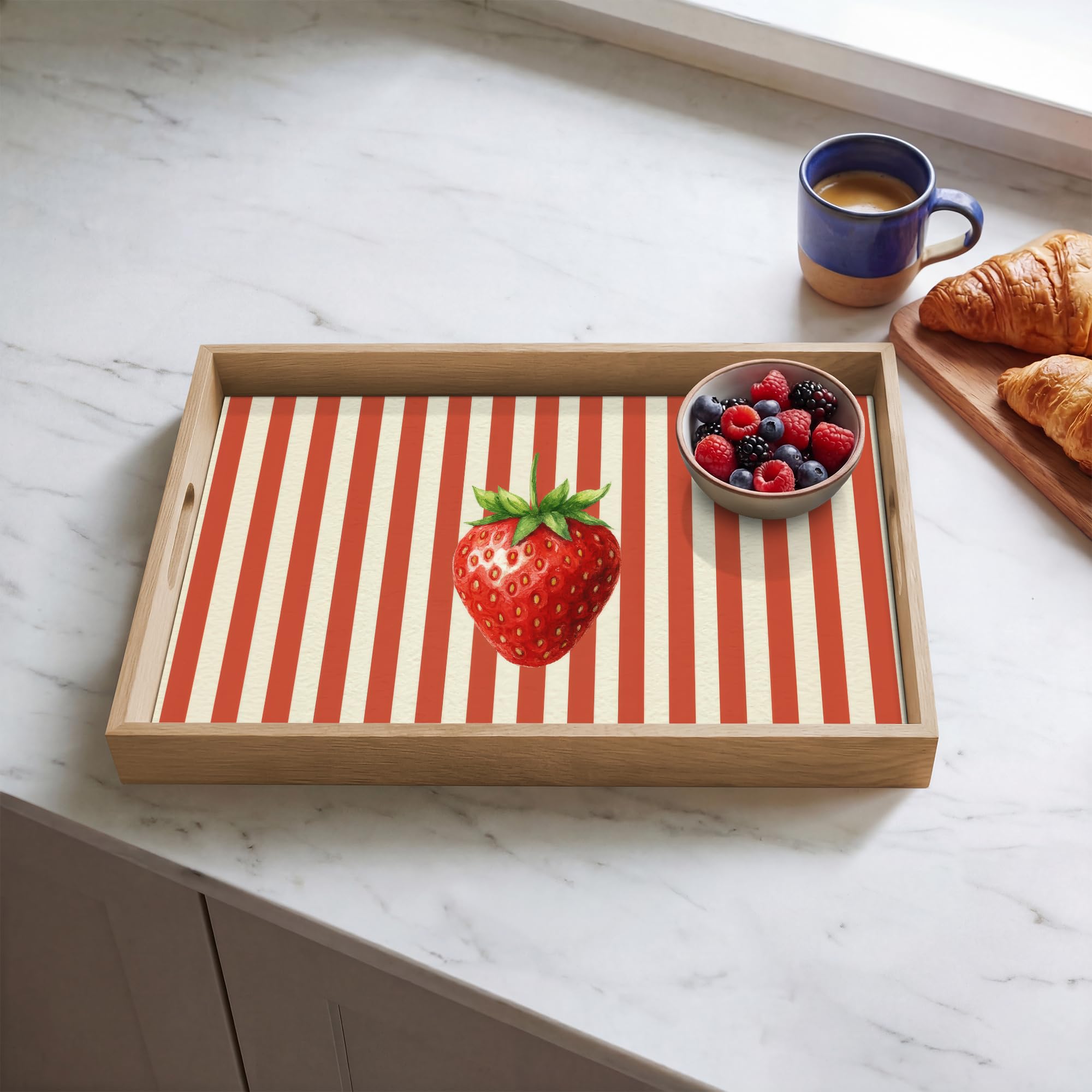 Holztablett Rechteckig 50x35 cm Küchentablett Servier Tablett Eiche Serviertablett Holz Servierplatte Mit Henkel Tray Kaffeetablett Erdbeere - Streifen - Rot