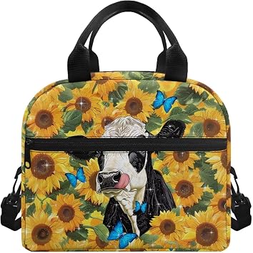 Black Cow Sunflower Lunch Box for Women Small Insulated Lunch Tote Bag Adult Woman Lunchbag for Work Picnic School Reusable Cooler Lunchbox Bag Zipper