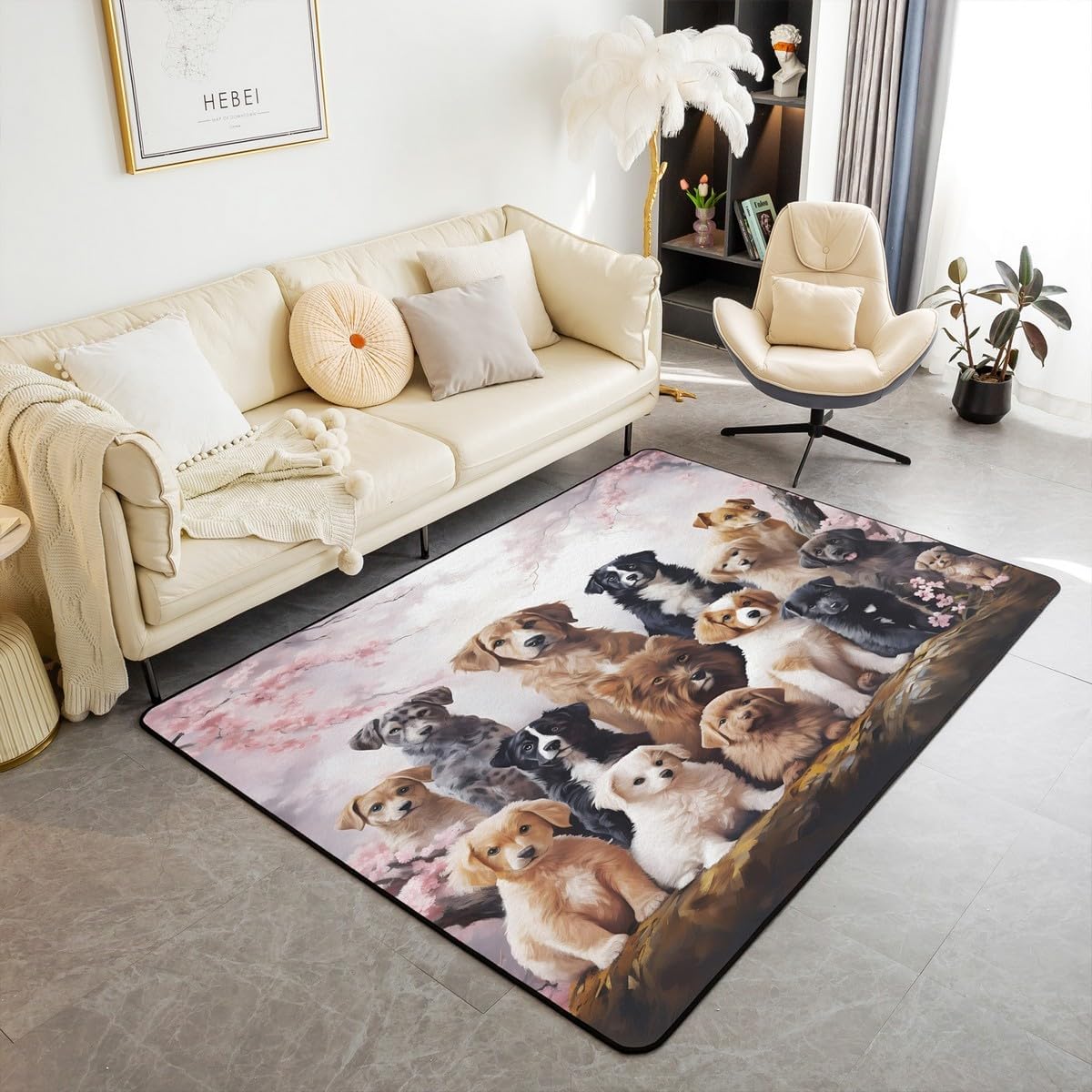 jejeloiu Dog Area Rug for Kids Boys Girls Cute Cartoon Dogs Area Rug 5x7 Pet Puppy Animal Design Living Room Rugs Room Decorations Cherry Blossoms Indoor Floor Mat Decorative Rug