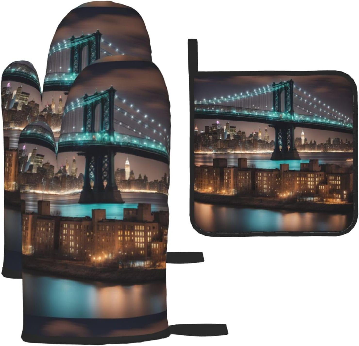 New York Manhattan Bridge Night Print Heat Resistant Microwave Gloves, Used for Baking, Cooking, and Fashion Kitchen Essentials