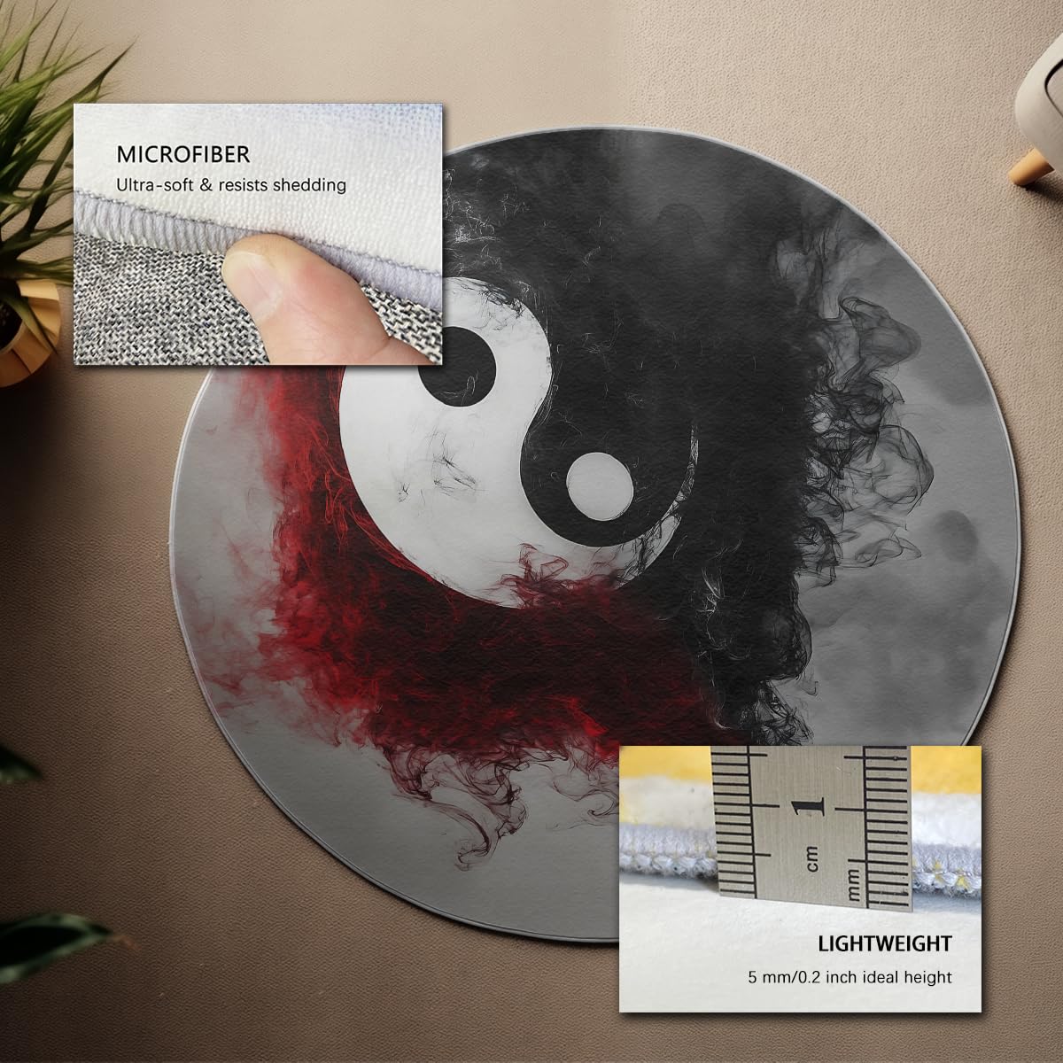 Antypoślizgowy 120 cm Okrągły Dywan Salon Mistyczne Symbole Yin Yang Dywany Miękkie Koło Fantasy Abstrakcyjny Wzór Tai Chi Niskie Włosy Dywan Czarny Czerwony Zmywalny Sypialnia Pokój Dziecięcy