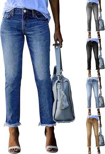 Straight Leg Jeans for Women High Waist Slim Fit Boyfriend Denim Pants Retro Raw Hem Wash Stretch Jeans with Pockets