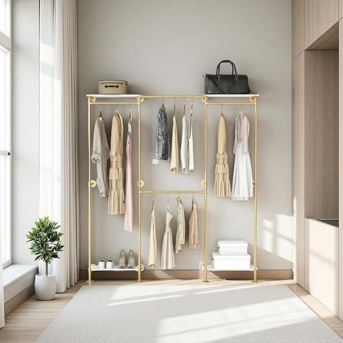 Miniatura 3 de Perchero de ropa de tubo industrial, perchero ajustable de esquina dorada con estantes, perchero de ropa montado en la pared para colgar ropa,