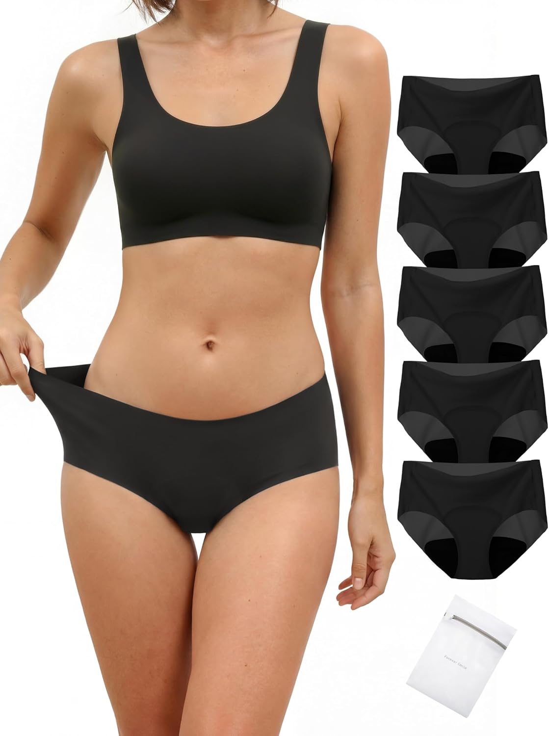 TIICHOO Seamless Period Underwear for Women Lightweight No Show Period Panties with Laundry Bag 5-Pack