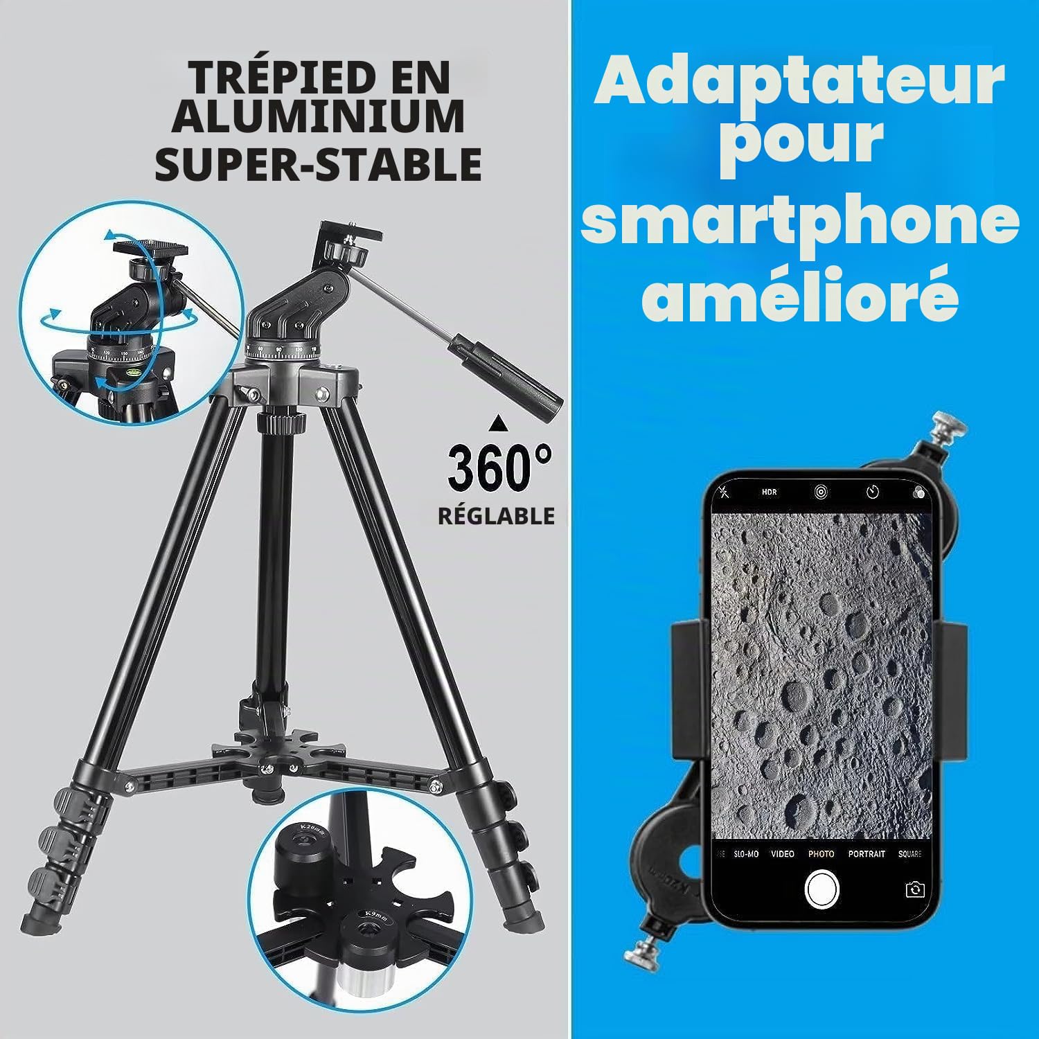 Télescope HD Haute Puissance, Ouverture de 80 mm, 600 mm, télescope réfractif astronomique pour Adultes et débutants - Objectif FMC - Monture AZ avec Adaptateur de trépied et Sac de Transport.