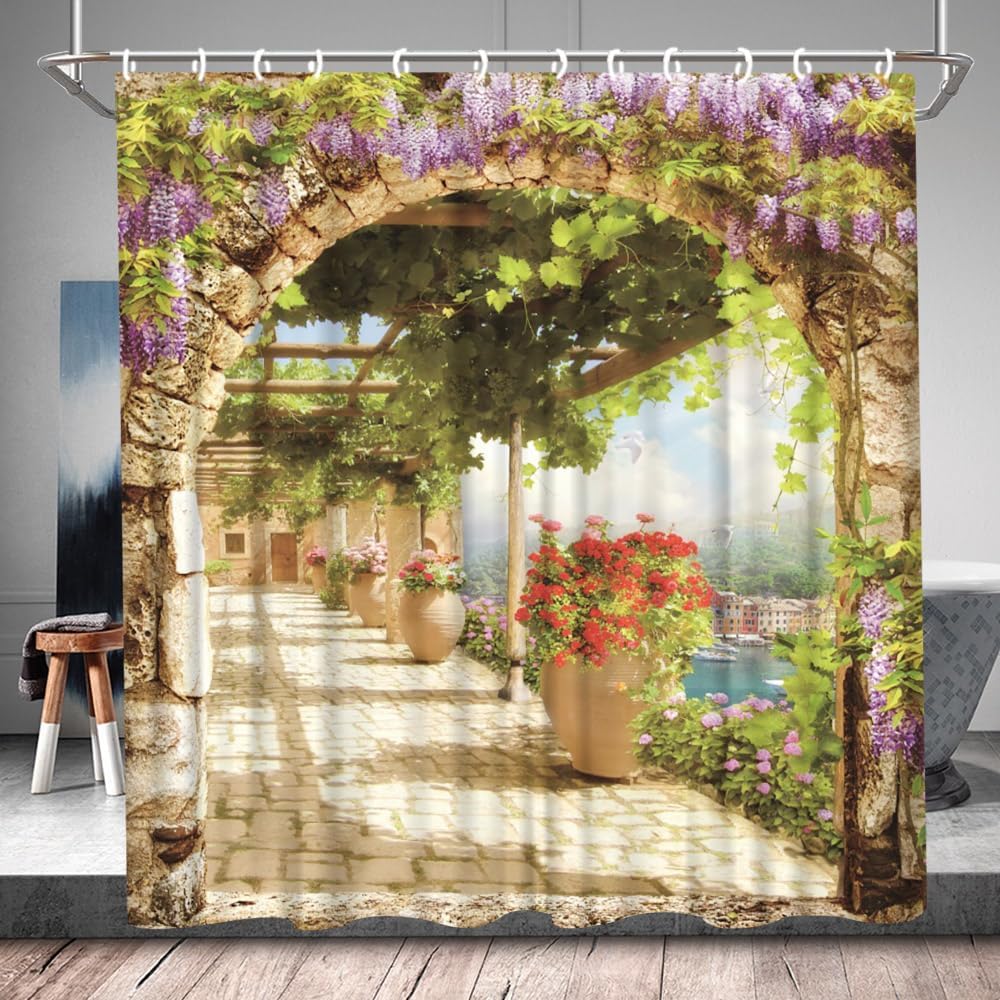 Italian Natural Scenery Country Style Purple Flower Shower Curtain Wisteria Flower Green Leaf Arch Mediterranean Town Fabric Bathroom Set with Hook 90Wx70H Inch