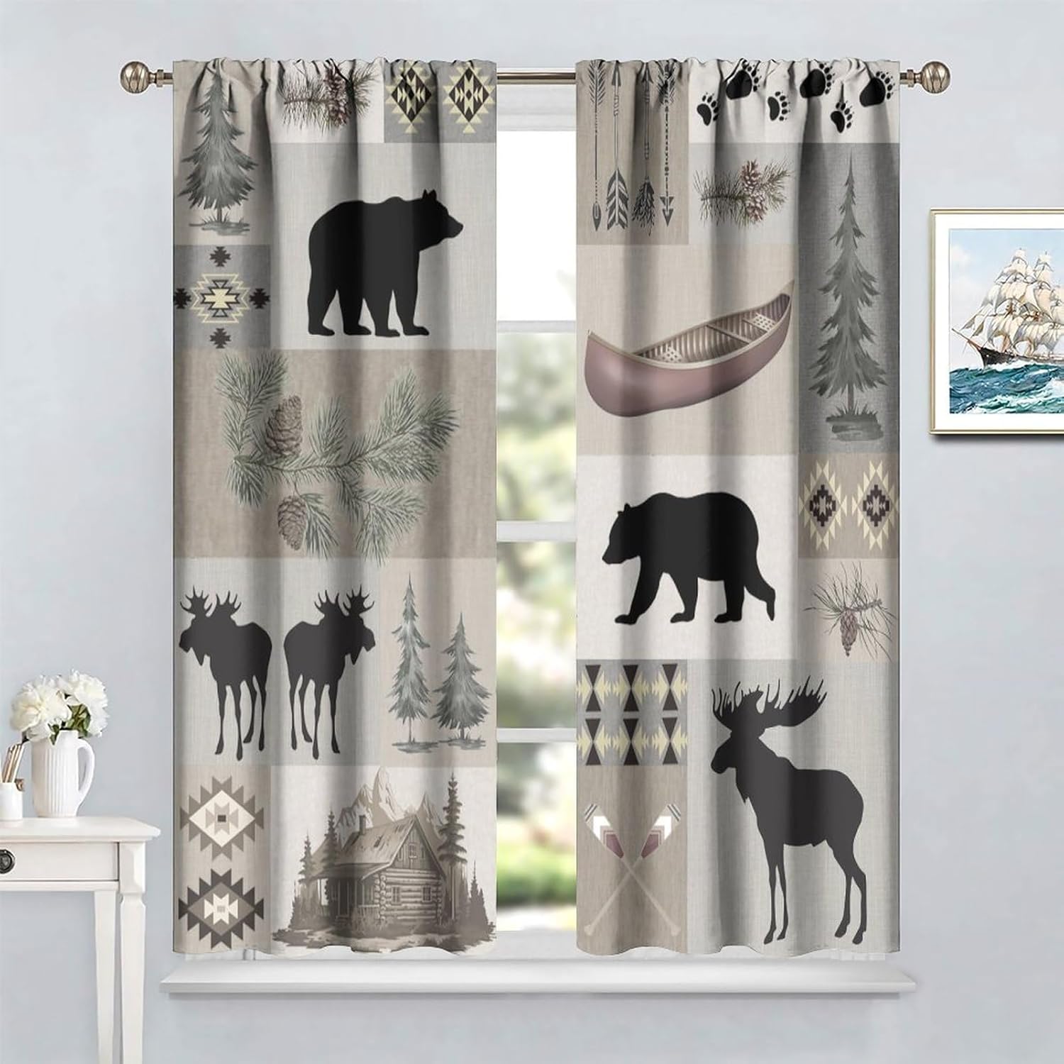 Rustic Bear Moose Deer Curtains, Retro Pine Tree Cabin Country Lodge Camping Window Treatments Vintage Tribal Aztec Abstract Geometric Blackout Window Drapes for Bedroom Living Room 42x54in