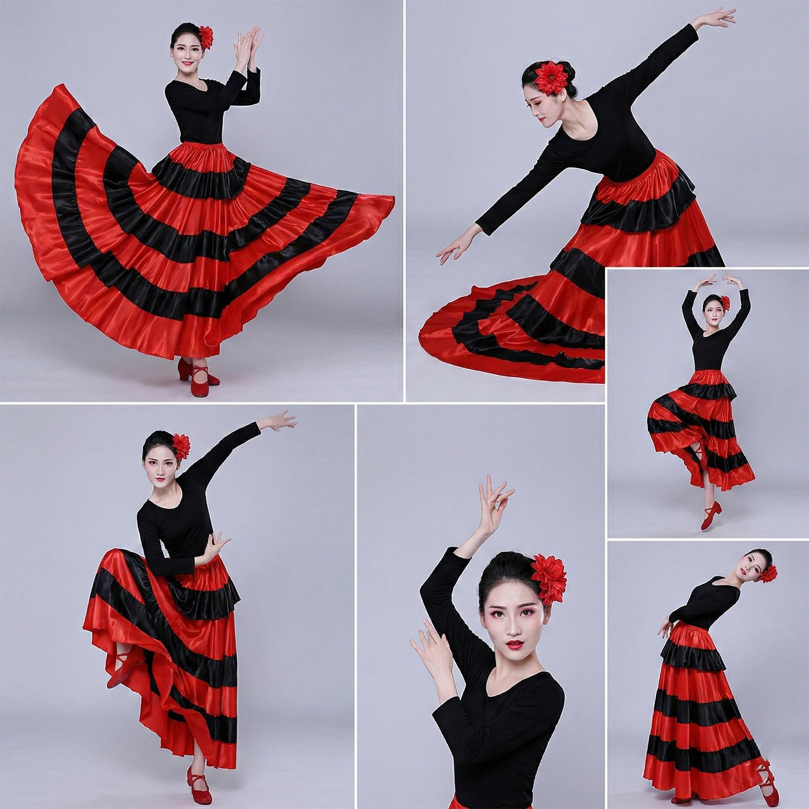 Damska czarna czerwona warstwowa długa spódnica do hiszpańskiego flamenco Meksyk Balet Folklorico spódnica do tańca brzucha długa spódnica flamenco hiszpański taniec duża huśtawka kostium na Halloween