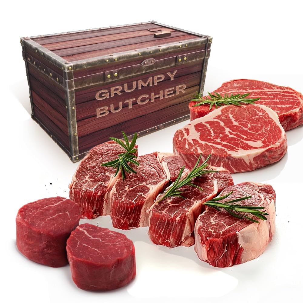 Grumpy Butcher 8 Steaks Full House Set - 4 Top Sirloin Steak (6 oz), 2 Ribeye Steaks (14 oz), 2 Filet Mignon Steak (8 oz) - Food Gifts of Premium Steak Meat