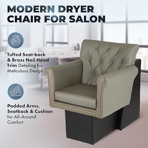 Miniatura 3 de Buy-Rite Chelsea - Silla secadora de pelo, respaldo copetudo gris con ribete de uñas de latón, asiento ancho de espuma, cojín extraíble, glamour de