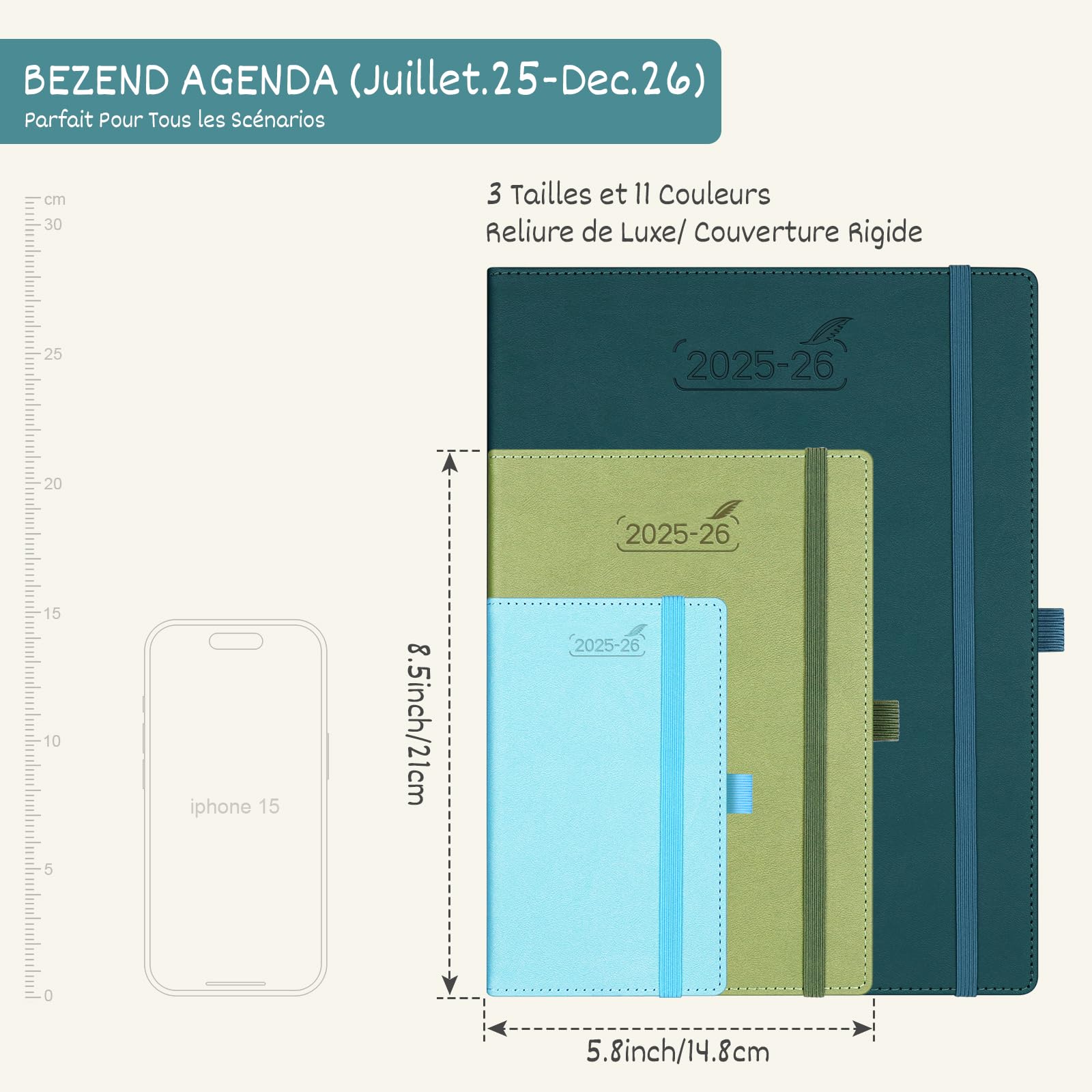 Agenda 2026 BEZEND A5 – 1 Jour Par Page, Couverture Rigide PU, Bleu Prussien – Avec Pages Mensuelles, Poches, Signets