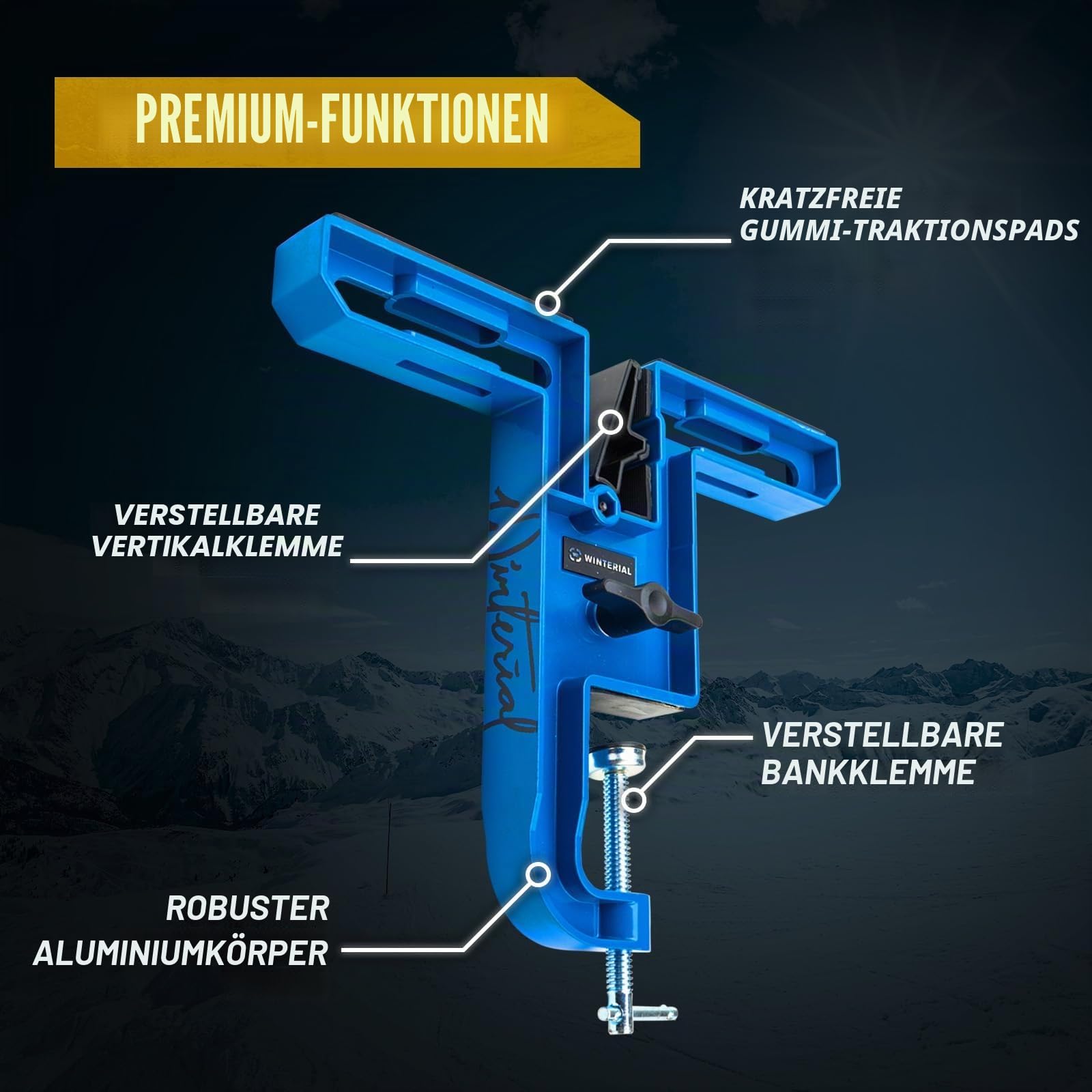 Winterial Ski und Snowboard Schraubstock, Set mit 2 Spannzangen zum Wachsen, Reparieren & Tuning, Horizontale & Vertikale Ausrichtung mit Gummibremshaltern und sicherem Board-Griff