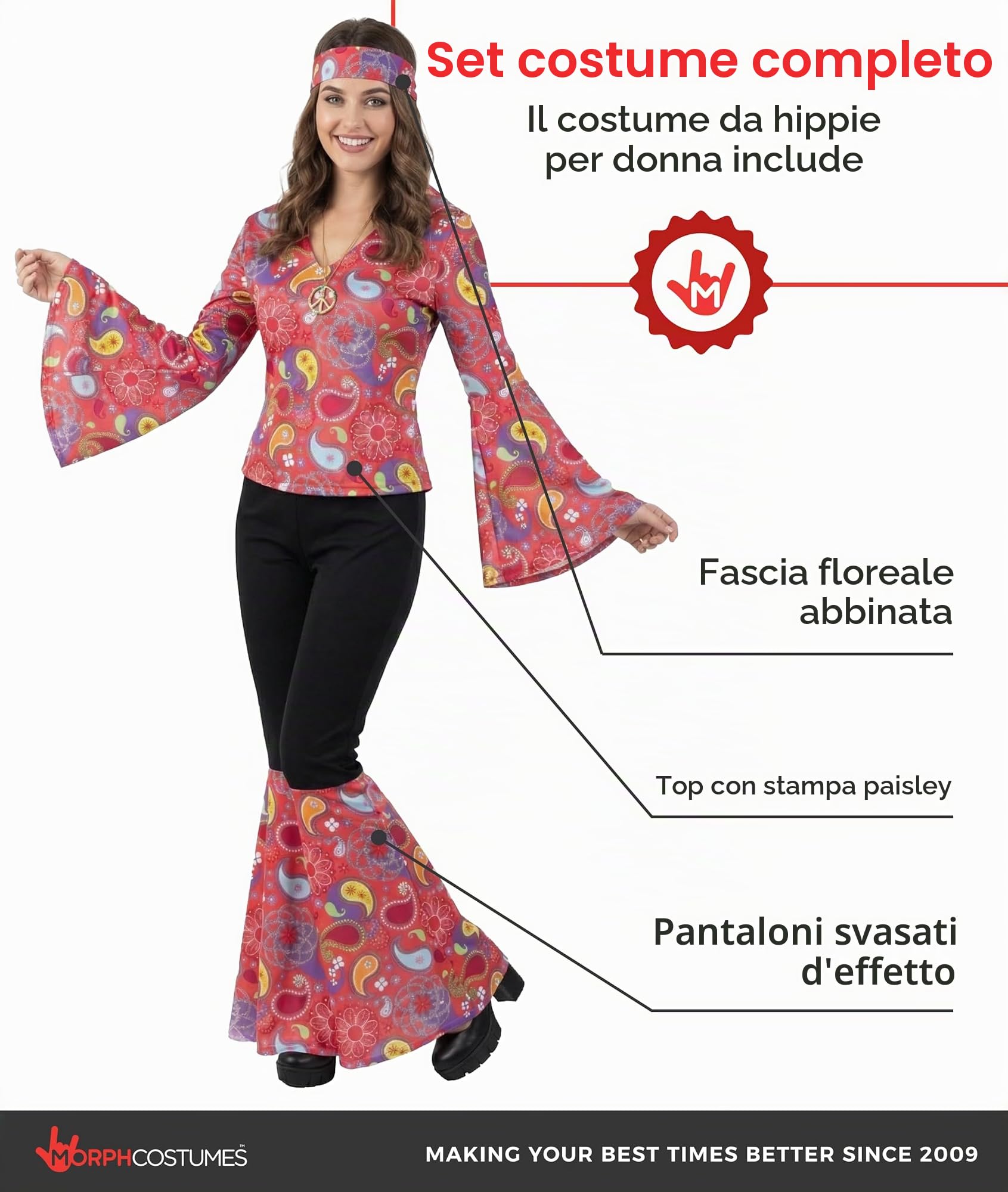 Morph Costumi Anni 70 Donna, Costume Hippie Halloween Donna | Top Paisley, Pantaloni a Zampa & Fascia, Stile Figli dei Fiori, Perfetto per Halloween, Ideale per Travestirsi