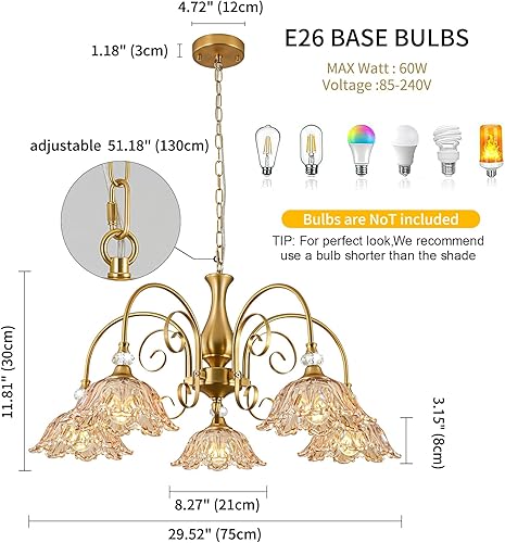 Miniatura 6 de 5-Light Vintage Chandeliers in Matte Brass Finish with Amber Glass Shades, Retro Chandelier Light for Dining Room,Hallway,Kitchen