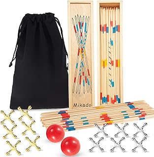 2 Sets Wooden Pickup Sticks Game with Box and 2 Sets Jacks Game Toys Include 2 Pieces Red Rubber Balls and 20 Pieces Metal Jacks for Christmas Retro Party Favors