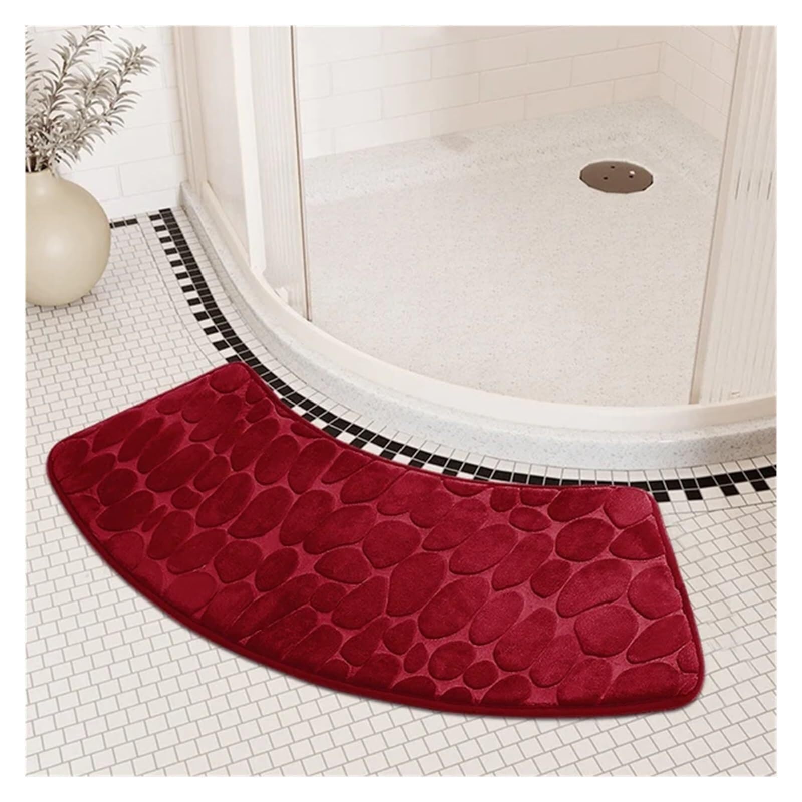 Pebble Embossed Carpet Curved Foot Mat Bathroom Mat Curved Bathroom Mat Fast Water Absorption Non-slip Water Absorbent Bathroom Floor Toilet Mat Curved Shower Mat (Black 40x100cm)(Wine Red)