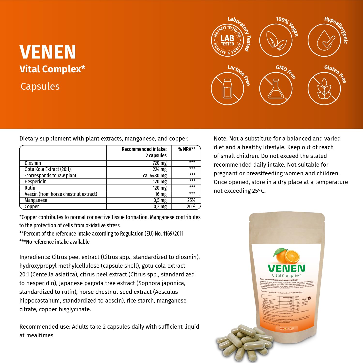 Venen Vitalkomplex – mit Diosmin, Hesperidin, Rutin & Rosskastanie (Aescin) – plus Gotu Cola, Mangan & Kupfer – vegan (360 Stück (1er Pack))